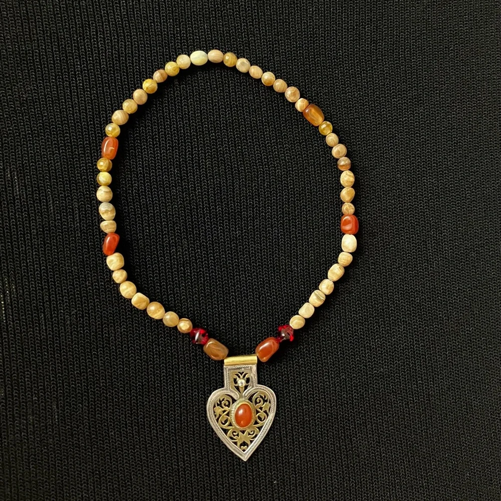 Bohemian Silver&Gold-Tone Heart Pendant Necklace, Natural Stone Beads - Picture 5 of 5
